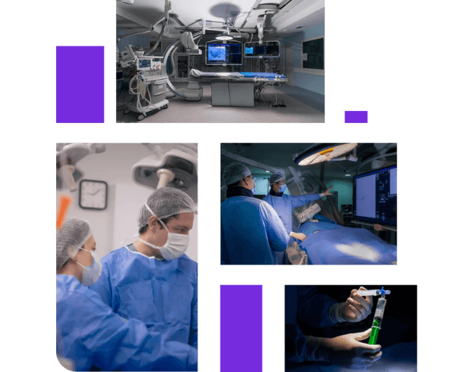 Colagem de fotos de equipe médica em centro cirúrgico moderno durante procedimentos minimamente invasivos, profissionais paramentados com equipamentos de imagem, monitores e instrumentos cirúrgicos, paleta azul e branca, fotografia realista clínica