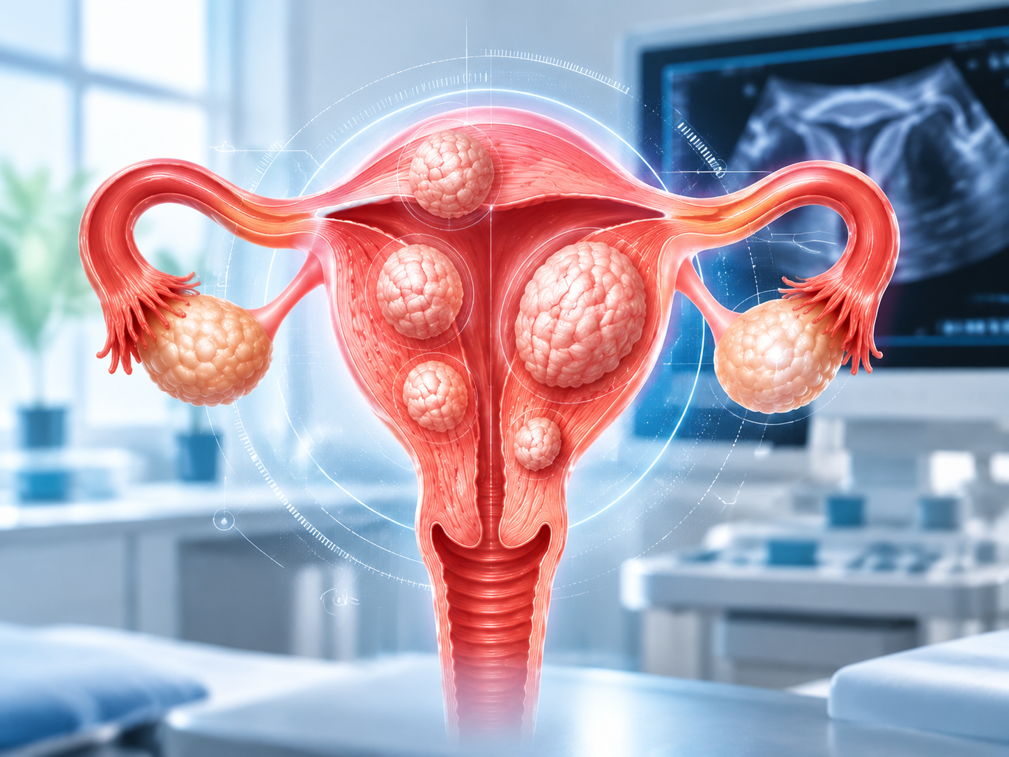 Ilustração anatômica 3D de útero feminino com múltiplos miomas de diferentes tamanhos, ovários e trompas, em ambiente clínico moderno com monitor de ultrassom ao fundo, tons rosados e vermelhos, iluminação médica futurista