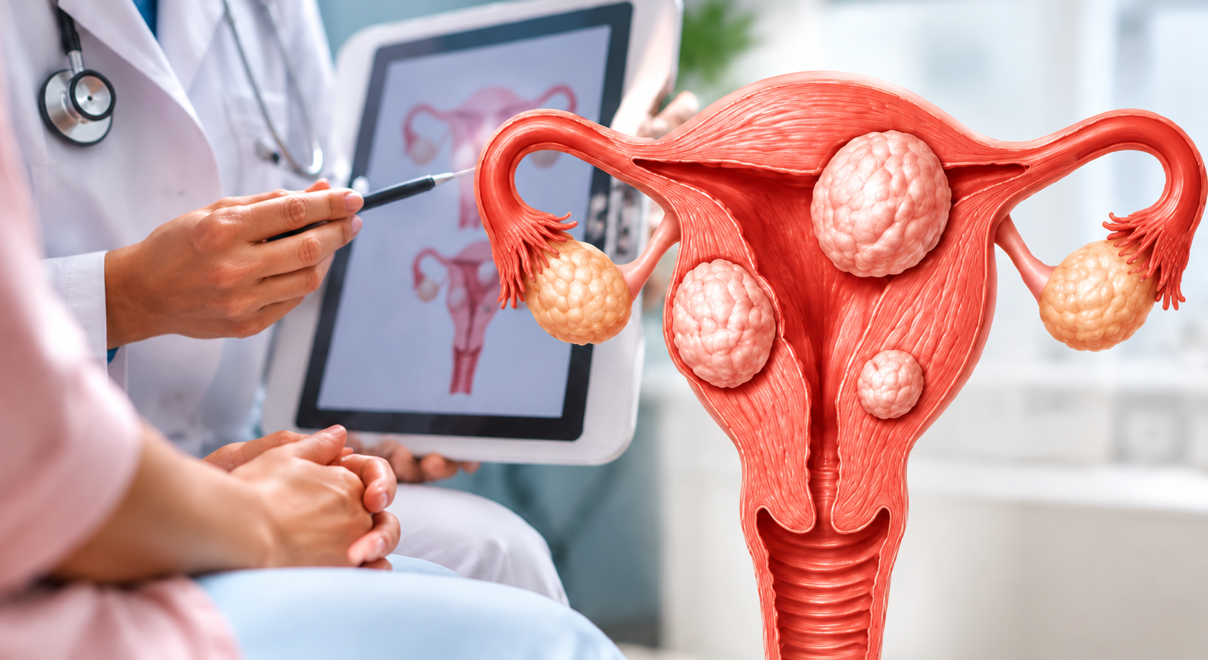 Ilustração 3D realista de útero com múltiplos miomas de diferentes tamanhos, tons rosados e vermelhos, ao fundo médica apontando para exame de imagem em tablet, ambiente clínico claro