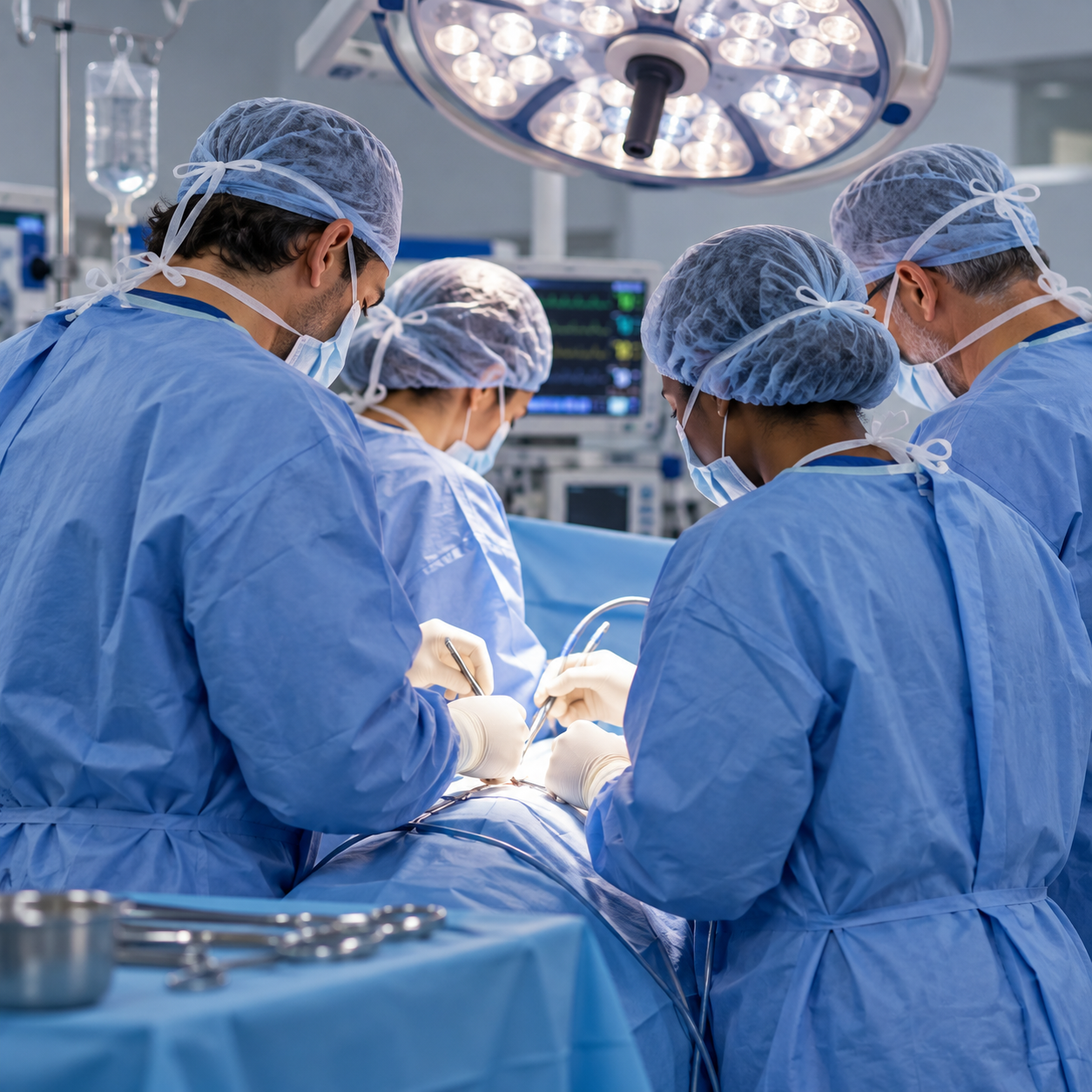 Equipe médica em centro cirúrgico realizando procedimento minimamente invasivo, profissionais paramentados com aventais e gorros azuis, luz cirúrgica intensa ao centro, ambiente hospitalar moderno e estéril, foco na cooperação da equipe