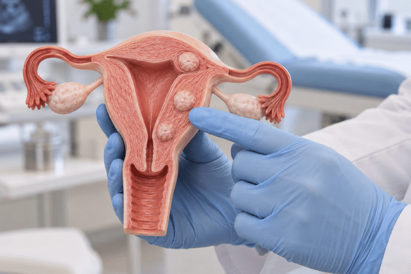 Modelo anatômico de útero com miomas sendo apontado por médico com luvas azuis em ambiente clínico, tons rosados e azuis, foco no órgão reprodutivo feminino