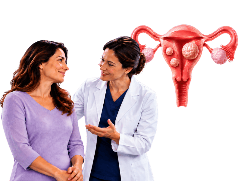 Paciente e médica sorridentes conversando lado a lado em ambiente clínico, ao fundo ilustração 3D realista do útero com miomas em tons de coral e rosa, fundo branco, fotografia realista acolhedora com iluminação suave