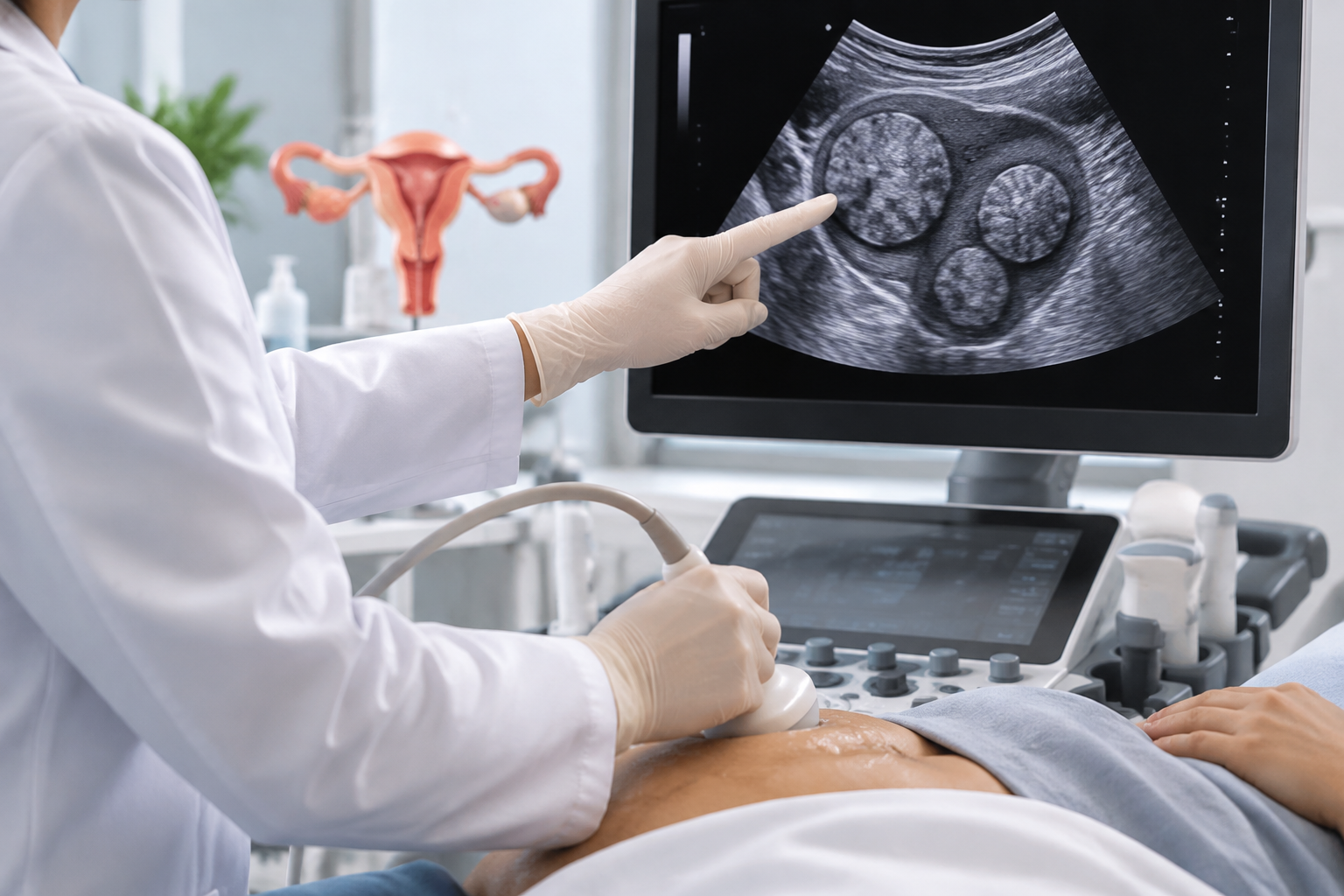 Médica apontando para exame de ultrassom mostrando múltiplos miomas uterinos em tons de cinza, ao fundo modelo anatômico do útero em rosa, ambiente clínico moderno, fotografia realista